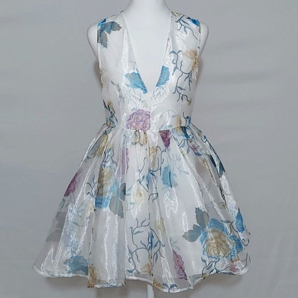 Rose Gal Women’s Plunging Neck Flower See-Through Back Tulle Dress Size 6